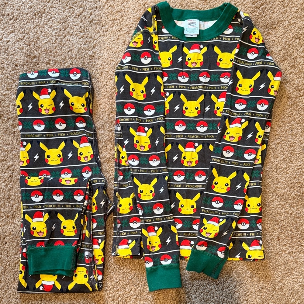 Yellow Pikachu Pattern Kids Pajamas - Black & Green